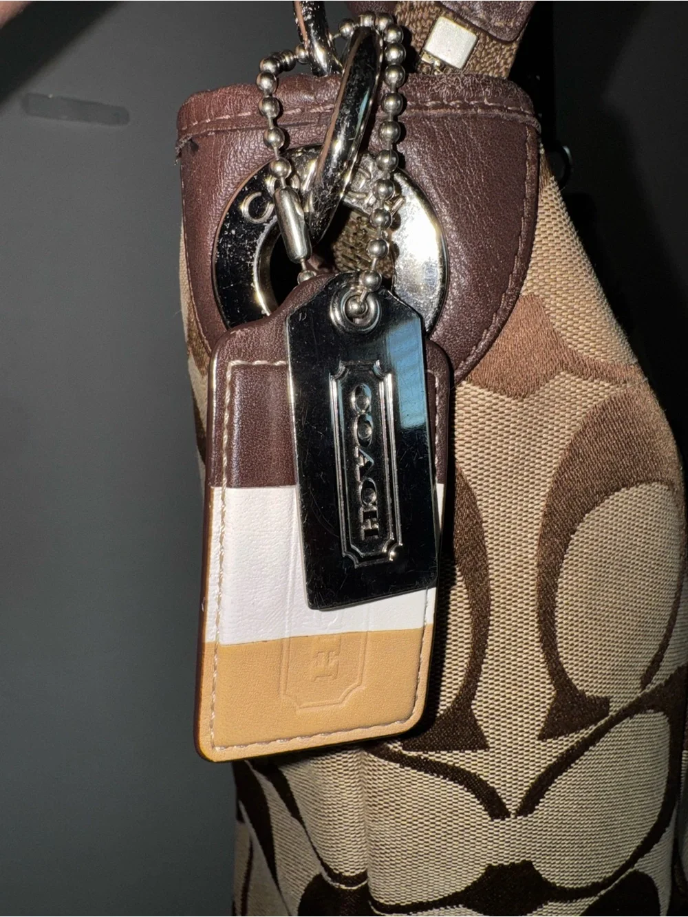 Coach Brown Signature Canvas Shoulder Bag with Dark Brown Stripe